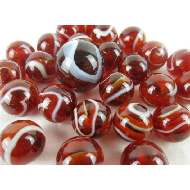 25 Glass Marbles ROOSTER Red/White Translucent/Transparent Shooter Swirl game